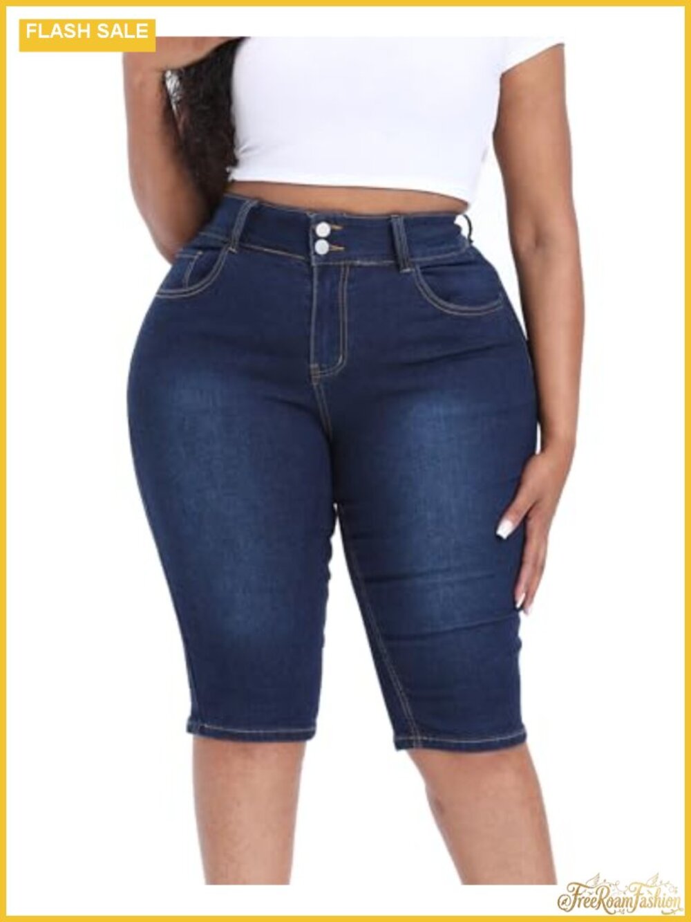 Plus Size Capri Jeans Women 17" Inseam High Waisted Stretchy Skinny Denim Crop